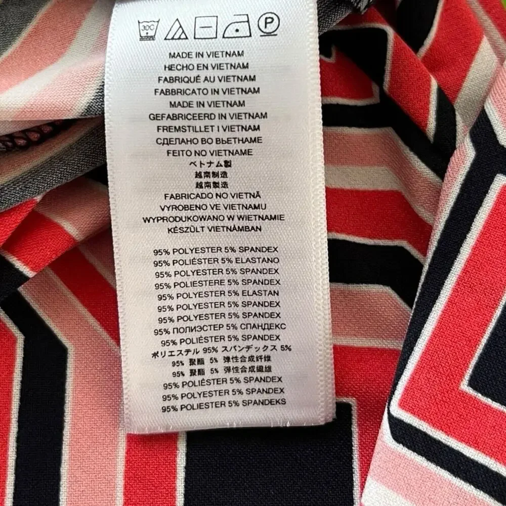 Michael Kors Coral Pink White Navy Geometric Print Sheath Long Sl Dress EUC SZ S